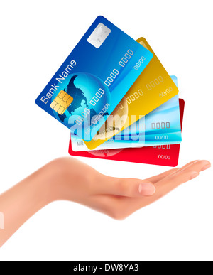 Mano che tiene le carte di credito. Illustrazione Vettoriale. Foto Stock