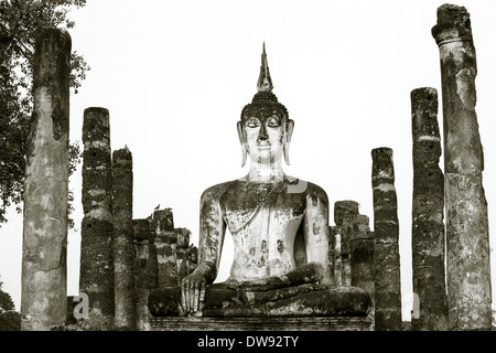 Statua di Buddha nel Wat Mahathat tempio, Sukhothai Historical Park, Thailandia. Foto in bianco e nero. Foto Stock