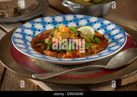 Solyanka. Europa orientale e carne zuppa di verdure Foto Stock