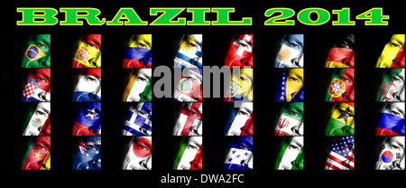 Una ventola con il volto dipinto di ciascuno e di tutti i paesi rappresentati al soccer finals in Brasile nell'estate del 2014 Foto Stock