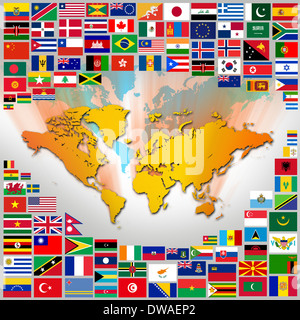 Le bandiere e la mappa del mondo Foto Stock