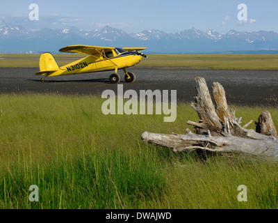 Giallo Cessna 120 motore singolo piano bush parcheggiato su una sporcizia e striscia di fango nel backcountry Foto Stock