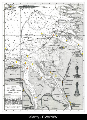 Storico mappa idrografica, Mar Baltico, foce dei fiumi Weser e Elbe, secolo XIX, Foto Stock