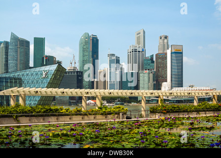 Lo skyline di Singapore visto da the Waterside Promenade, Marina Bay Sands Foto Stock