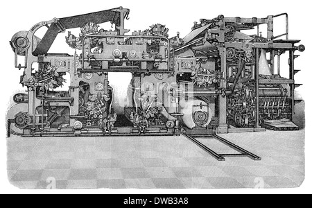 Illustrazione storica del XIX secolo, la zappa è a 6 cilindri da stampa rotativa stampa, Foto Stock