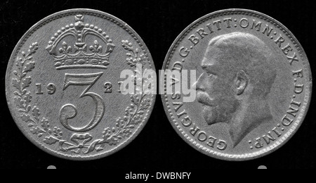 3 pence moneta d'argento, Re Giorgio V, Maundy, UK, 1921 Foto Stock