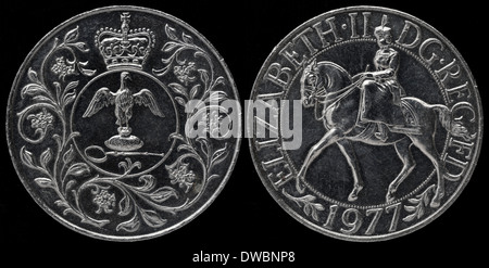 25 nuovi pence medaglia d'argento, Giubileo del regno della regina Elisabetta II, UK, 1977 Foto Stock