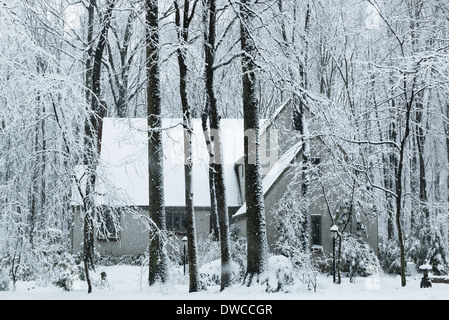 La neve cade al di fuori di una casa rurale, New Jersey, STATI UNITI D'AMERICA Foto Stock