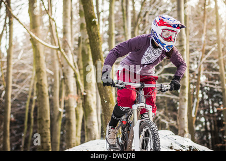 Giovani femmine mountain biker in sella attraverso la foresta Foto Stock