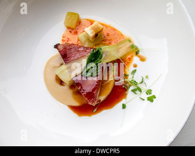 Brasato di pancetta di maiale e il sedano lungo con decapare le mele sulla cima di sedano bucce con aragosta roe in salsa di vino bianco Foto Stock