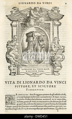 Xilografia ritratto di Leonardo da Vinci da Le vite de' piv eccellenti pittori, scvltori, et architettori 1568 da Giorgio Vasari Foto Stock