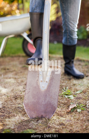 Sezione bassa di donna con piede sulla pala in giardino Foto Stock