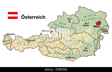 Mappa topografica dell'Austria in Europa con le città, stati federali, confini e bandiera. Etichettatura in tedesco! Foto Stock