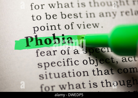 Fake Dizionario, definizione del dizionario della parola fobia. Foto Stock