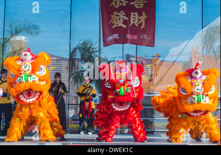 La danza del Leone di artisti durante il Capodanno cinese che si terrà a Las Vegas, Nevada Foto Stock