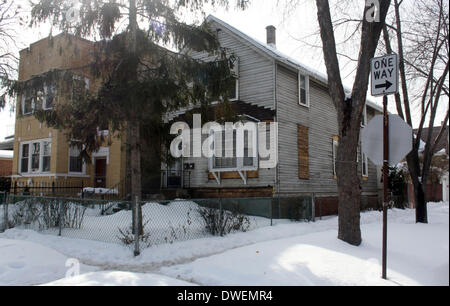 Chicago, Stati Uniti d'America. 18 Febbraio, 2014. La casa natale di Walt Disney di Hermosa, un sobborgo di Chicago, USA, 18 febbraio 2014. Disney qui nacque il 05 dicembre 1901. La casa sarà trasformato in un museo al più presto. Foto: Christina Horsten/dpa/Alamy Live News Foto Stock