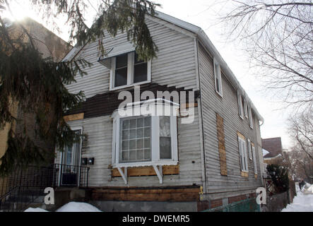 Chicago, Stati Uniti d'America. 18 Febbraio, 2014. La casa natale di Walt Disney di Hermosa, un sobborgo di Chicago, USA, 18 febbraio 2014. Disney qui nacque il 05 dicembre 1901. La casa sarà trasformato in un museo al più presto. Foto: Christina Horsten/dpa/Alamy Live News Foto Stock