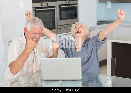 Emozionato coppia senior utilizzando il portatile al tavolo Foto Stock