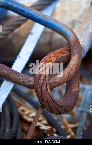 Close up di un corroso o rotto filo di corda in seduta 'skip' in attesa di smaltimento. Docks Montrose Scozia UK Foto Stock