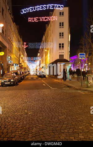 Le luci di Natale in Rue Vignon, ottavo arrondissement, Parigi, Francia Foto Stock