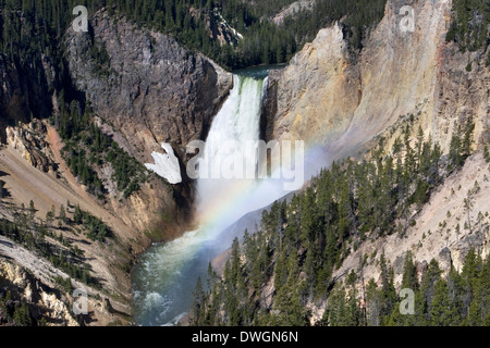 Un arcobaleno forma vicino alla base delle Cascate Inferiori lungo il Grand Canyon di Yellowstone Fiume nel Parco Nazionale di Yellowstone, Wyoming. Foto Stock