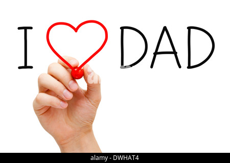 La scrittura a mano io amo il papà con il contrassegno rosso sulla cancellazione trasparente stampato. Foto Stock