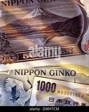 Il Monte Fuji sul giapponese banconote - 5000 & 1000 Yen Foto Stock