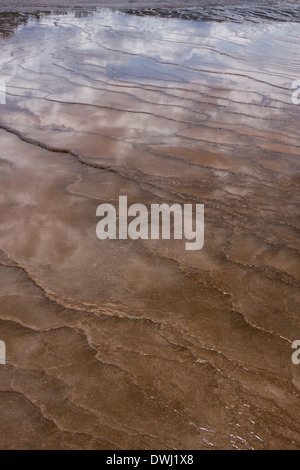 Il cielo si riflette in pool derivanti dalla Grand Prismatic Spring in Medio Geyser Basin, il Parco Nazionale di Yellowstone, Wyoming. Foto Stock