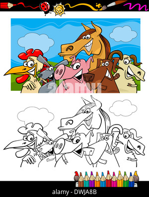 Libro da colorare o pagina Cartoon illustrazione Set di bianco e nero gli animali della fattoria di caratteri per i bambini Foto Stock