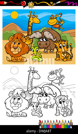 Libro da colorare o pagina Cartoon illustrazione della scena con Wild Safari animali caratteri per i bambini Foto Stock