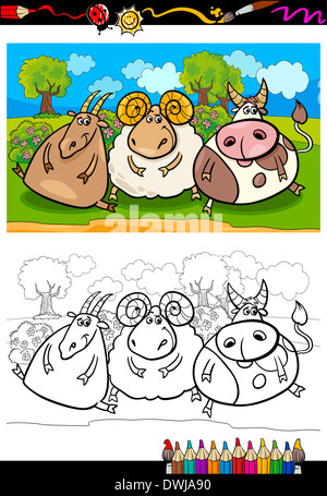 Libro da colorare o pagina Cartoon illustrazione del paese rurale scena con gli animali della fattoria di capra e Bull e Ram Foto Stock