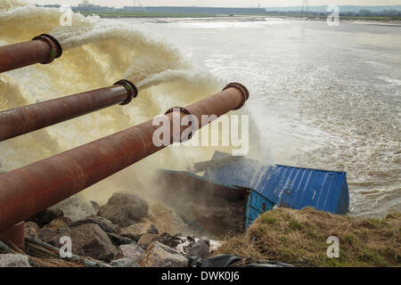 Bridgwater, Regno Unito. 10 marzo, 2014. Dutch ad alta capacità di pompe in funzionamento a Dunball Wharf vicino Bridgwater lunedì 10 marzo, 2014. Otto alimentate a gasolio Van ontrollare le pompe sono state installate dall'Agenzia per l'ambiente come una misura temporanea per rimuovere inondazione dai livelli di Somerset spostandolo da King's Sedgemoor scarico nel fiume Parrett nuovi membri dove è effettuata a mare dalla marea. Oltre 1700 tonnellate di roccia, incluse le spese di spedizione di contenitori riempiti con pietre sono state poste al di sotto del beccuccio per evitare che la forza dell'acqua da erodere la banca. Credito: Nick Cable/Alamy Live News Foto Stock