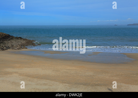 La molla vista della spiaggia di Porthgwidden verso Godrevy, West Cornwall, England, Regno Unito Foto Stock