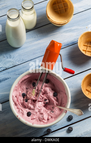 Yogurt mescolato con mirtilli come gelato Foto Stock