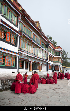 I monaci buddisti raccogliendo in gruppi di fronte Tawang monastero buddista, il più grande in India, Arunachal Pradesh, India Foto Stock