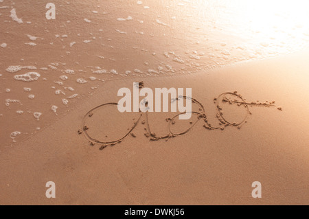 Bye scritto sulla sabbia in spiaggia di Gandia, Spagna Foto Stock