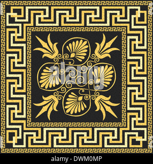 Impostare vintage tradizionale golden square ornamento greco (ondulazione) e motivo floreale su sfondo nero Foto Stock