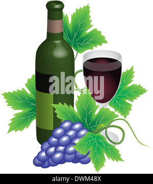 Bottiglia e bicchiere di vino rosso con uve Foto Stock