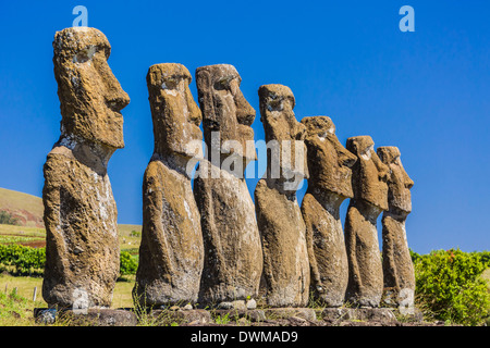 Sette Moai a Ahu Akivi, il primo altare restaurato sull'Isola di Pasqua (Isla de Pascua), sito UNESCO, Cile, Sud America Foto Stock