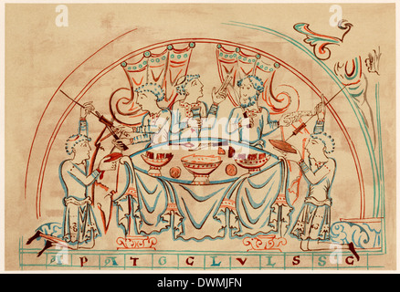 Banchetto medievale, XI secolo. Stampa Litografia a colori Foto Stock