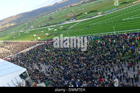 Cheltenham, Gloucestershire, UK. Undicesimo Mar, 2014. Foto scattata dalla cima delle gabbie mostra la folla raccolta e guardare come Quevega vince il Olbg Mare corsa ad ostacoli per un record sesto tempo, riden da Ruby walsh al giorno uno del Cheltenham Gold Cup Festival 2014. Credito: Jules annan/Alamy Live News Foto Stock