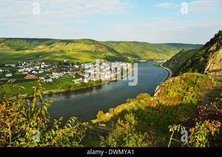 Vista di Ellenz-Poltersdorf e Mosella (Mosel), Renania-Palatinato, Germania, Europa Foto Stock