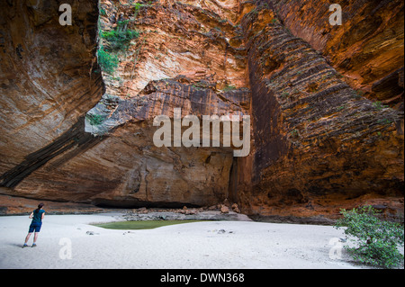 La donna nella cattedrale gola nel Parco Nazionale di Purmululu, sito UNESCO, Bungle Bungle Range di montagna, Australia Foto Stock