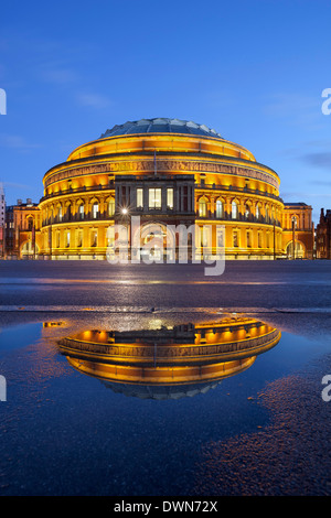 Royal Albert Hall riflessa nella pozzanghera, London, England, Regno Unito, Europa Foto Stock