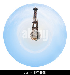 Piccolo pianeta - sferica urbano cityscape di Parigi con grande torre Eiffel isolati su sfondo bianco Foto Stock