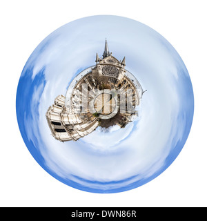 Piccolo pianeta - sferica urbano vista della cattedrale di Notre-dame de Paris isolati su sfondo bianco Foto Stock