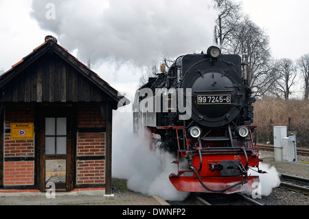 Harzer Schmalspurbahnen(HSB) treni in Harz, Sassonia-Anhalt, Germania. Brocken serbatoio del motore a Wernigerode Westerntor. Foto Stock