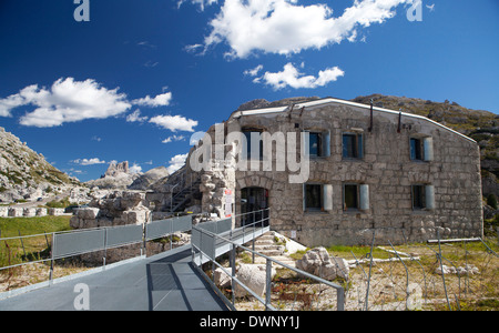 Tre Sassi Fortezza, Guerra Mondiale museo, Passo Valparola, Dolomiti, della Regione del Veneto, Provincia di Belluno, Italia Foto Stock