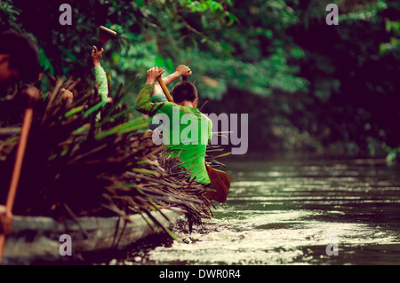 Canoa in Yasuni National Park Ecuador, carring impianto di paglia Foto Stock