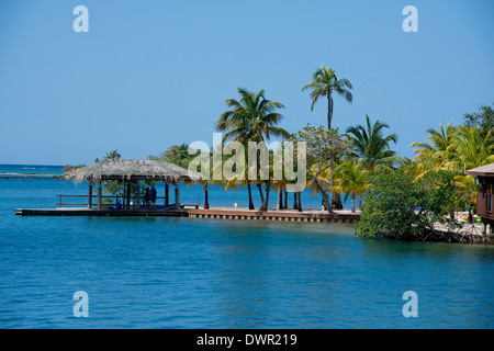 Honduras, dell Honduras Isole della baia, Roatan, Sandy Bay, Anthony's chiave. Resort molo lungo scenic Caye. Foto Stock